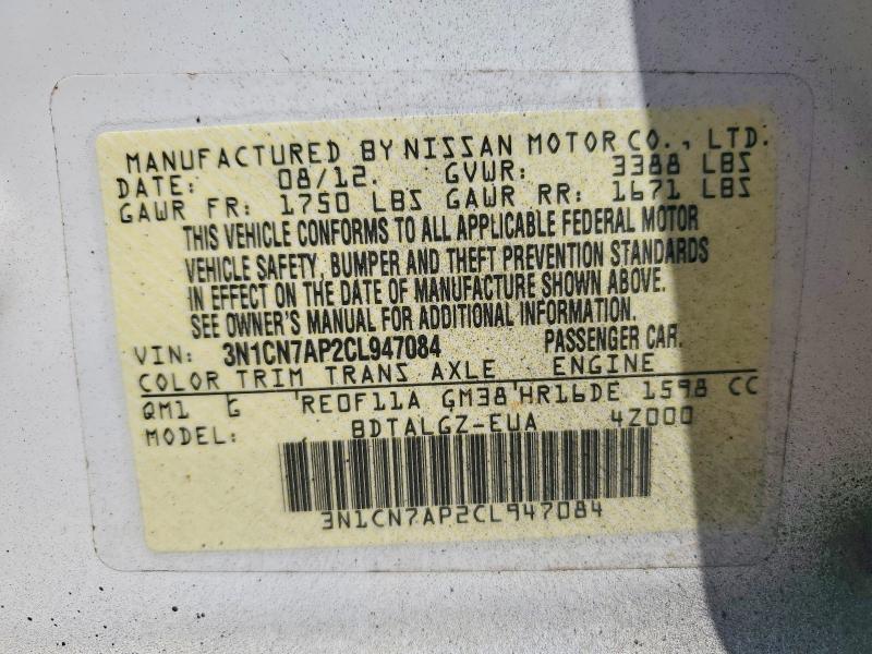 79417955 :رقم المزاد ، 3N1CN7AP2CL947084 vin ، 2012 Nissan Versa مزاد بيع