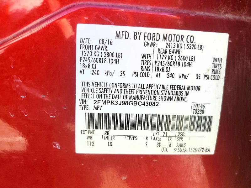 2016 Ford Edge მანქანა იყიდება აუქციონზე, vin: 2FMPK3J98GBC43082, აუქციონის ნომერი: 46830576