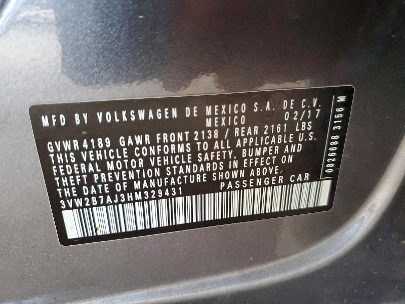 47814486 :رقم المزاد ، 3VW2B7AJ3HM329431 vin ، 2017 Volkswagen Jetta مزاد بيع