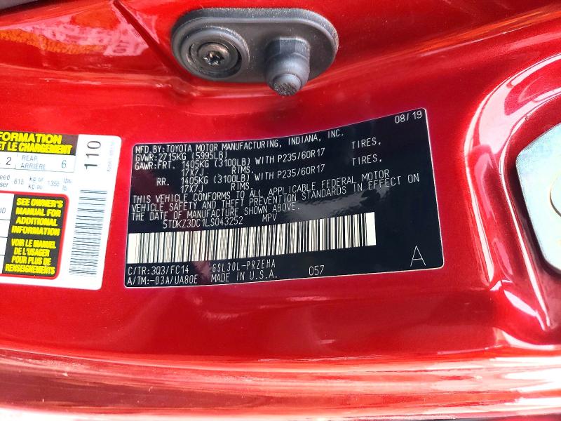 46134266 :رقم المزاد ، 5TDKZ3DC1LS043252 vin ، 2020 Toyota Sienna مزاد بيع