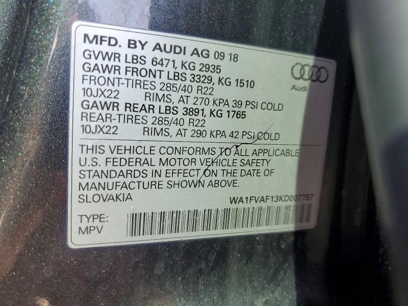 2019 Audi Q8 მანქანა იყიდება აუქციონზე, vin: WA1FVAF13KD007757, აუქციონის ნომერი: 46375906