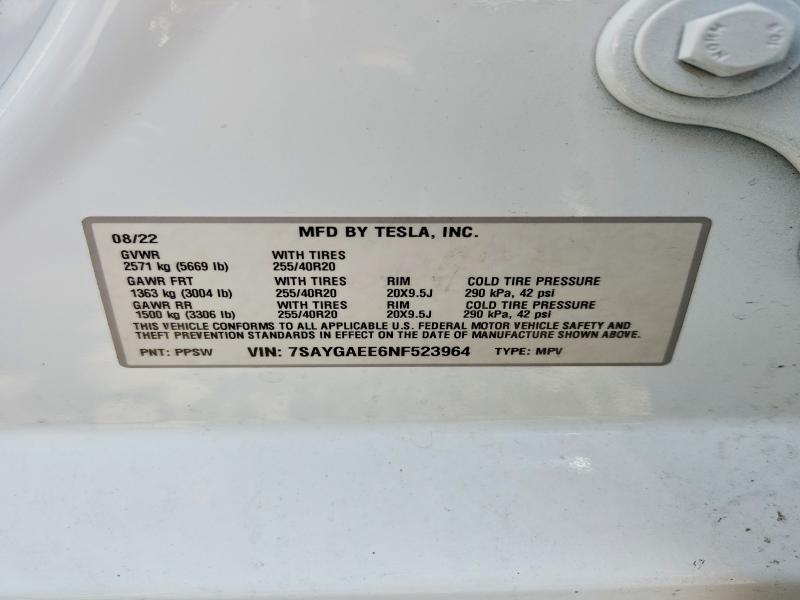 2022 Tesla Model Y მანქანა იყიდება აუქციონზე, vin: 7SAYGAEE6NF523964, აუქციონის ნომერი: 47186196