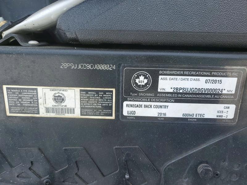 46417556 :رقم المزاد ، 2BPSUJGD8GV000024 vin ، 2016 Skid Renegade Backcountry 600 H.o. Rer مزاد بيع