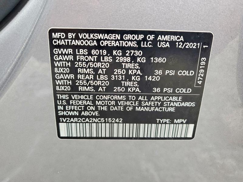 79499325 :رقم المزاد ، 1V2AR2CA2NC515242 vin ، 2022 Volkswagen Atlas مزاد بيع