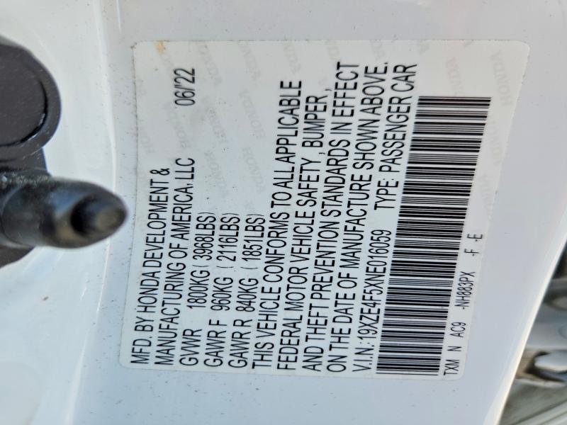 2022 Honda Insight მანქანა იყიდება აუქციონზე, vin: 19XZE4F5XNE016059, აუქციონის ნომერი: 47260556
