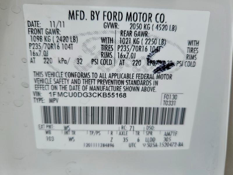 Aukcja sprzedaży 2012 Ford Escape, vin: 1FMCU0DG3CKB55168, numer aukcji: 75308435