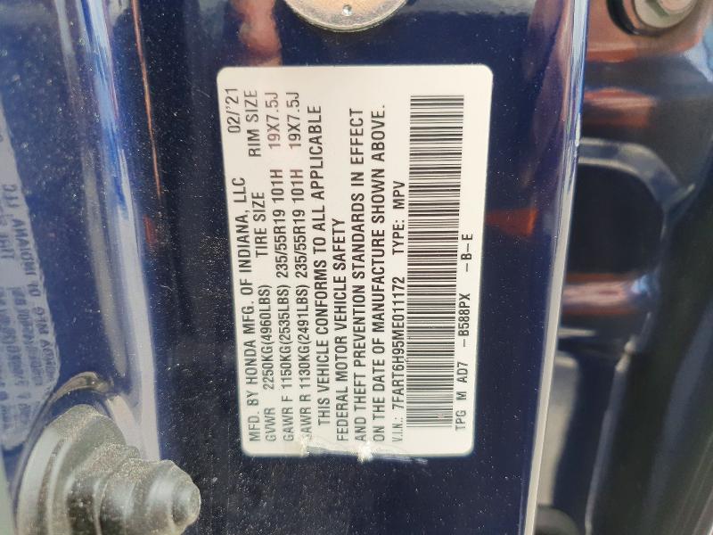 2021 Honda Cr-v მანქანა იყიდება აუქციონზე, vin: 7FART6H95ME011172, აუქციონის ნომერი: 45737906