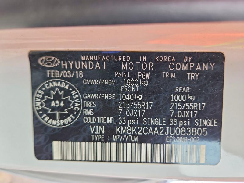 79130645 :رقم المزاد ، KM8K2CAA2JU083805 vin ، 2018 Hyundai Kona مزاد بيع