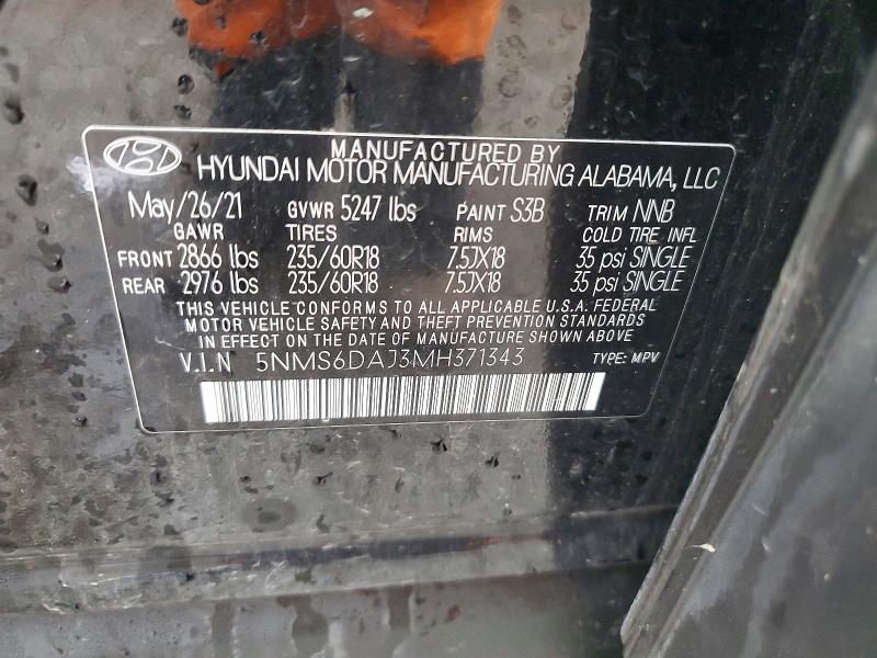 2021 Hyundai Santa Fe მანქანა იყიდება აუქციონზე, vin: 5NMS6DAJ3MH371343, აუქციონის ნომერი: 79779935