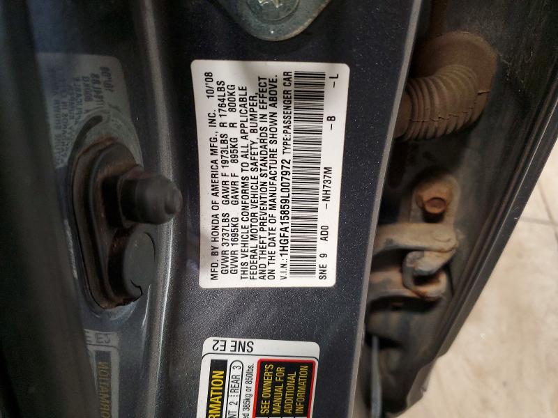 2009 Honda Civic მანქანა იყიდება აუქციონზე, vin: 1HGFA15859L007972, აუქციონის ნომერი: 47384566