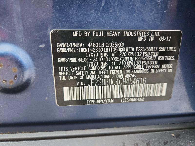 79782885 :رقم المزاد ، JF2SHBDC4CH454616 vin ، 2012 Subaru Forester مزاد بيع
