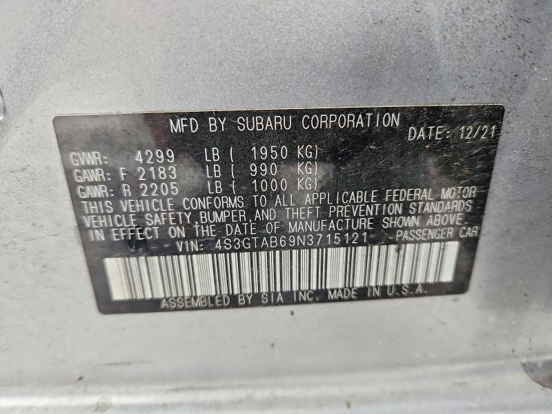 2022 Subaru Impreza მანქანა იყიდება აუქციონზე, vin: 4S3GTAB69N3715121, აუქციონის ნომერი: 46064816