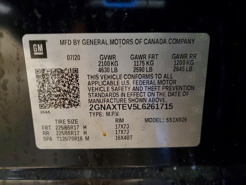 Aukcja sprzedaży 2020 Chevrolet Equinox, vin: 2GNAXTEV5L6261715, numer aukcji: 47768996