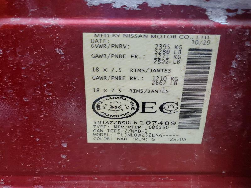 2020 Nissan Murano მანქანა იყიდება აუქციონზე, vin: 5N1AZ2BS0LN107489, აუქციონის ნომერი: 45627786