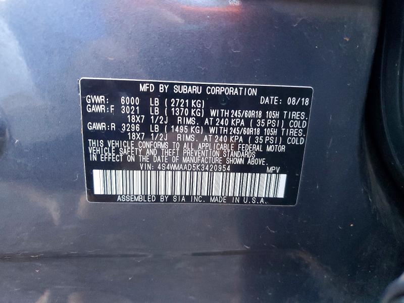 Aukcja sprzedaży 2019 Subaru Ascent, vin: 4S4WMAAD5K3420954, numer aukcji: 47454136