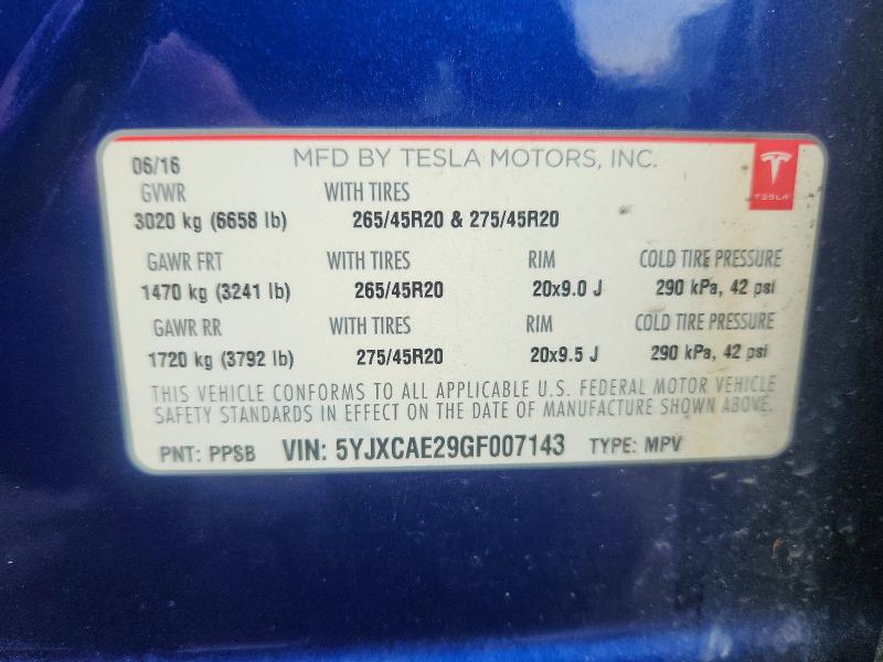 46345936 :رقم المزاد ، 5YJXCAE29GF007143 vin ، 2016 Tesla Model X مزاد بيع