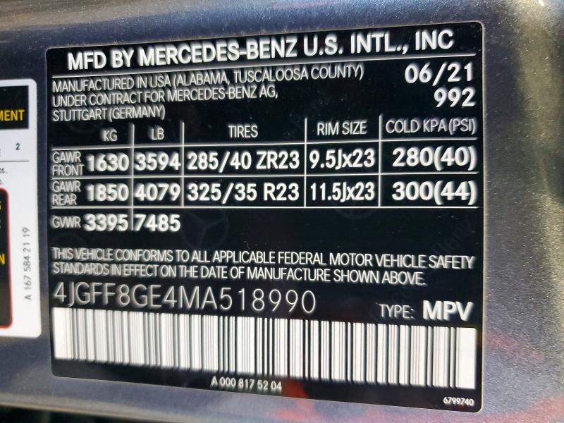 Aukcja sprzedaży 2021 Mercedes-benz Gls, vin: 4JGFF8GE4MA518990, numer aukcji: 79765915