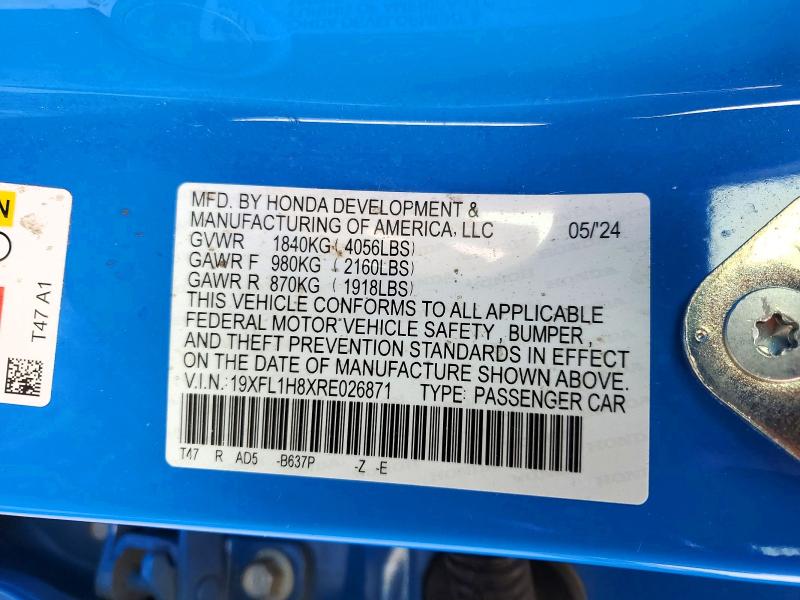 48333096 :رقم المزاد ، 19XFL1H8XRE026871 vin ، 2024 Honda Civic مزاد بيع
