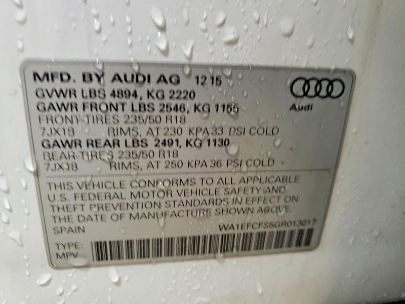 Продаж на аукціоні авто 2016 Audi Q3, vin: WA1EFCFS5GR013017, номер лоту: 46854206