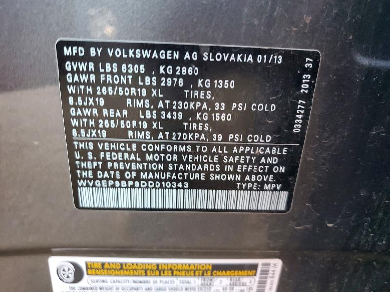 47611086 :رقم المزاد ، WVGEP9BP9DD010343 vin ، 2013 Volkswagen Touareg مزاد بيع