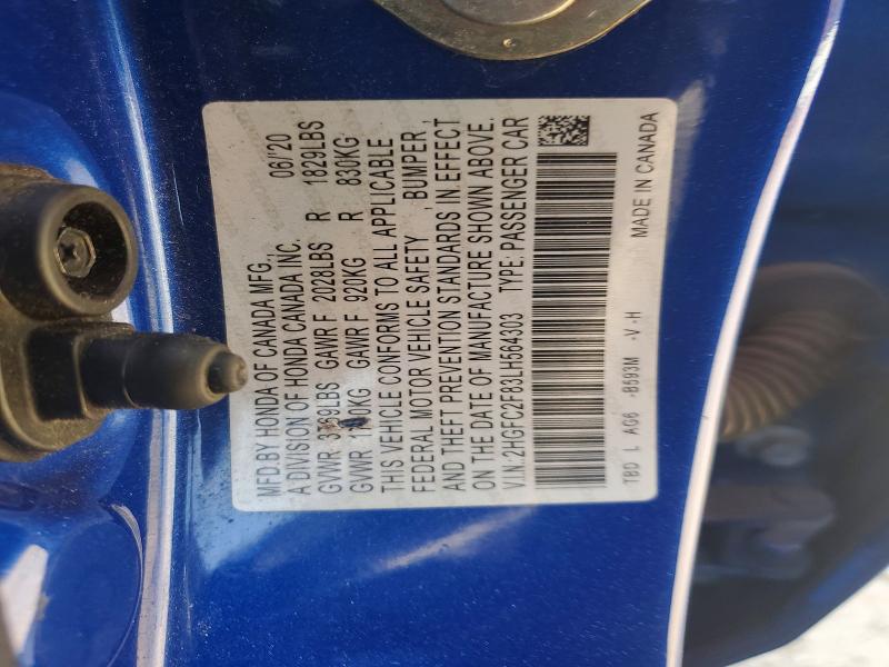 77366525 :رقم المزاد ، 2HGFC2F83LH564303 vin ، 2020 Honda Civic مزاد بيع