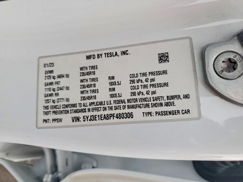 Aukcja sprzedaży 2023 Tesla Model 3, vin: 5YJ3E1EA8PF480306, numer aukcji: 48002786