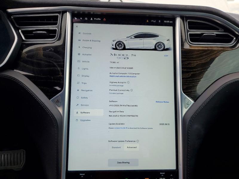 2016 Tesla Model S მანქანა იყიდება აუქციონზე, vin: 5YJSA1E29GF143885, აუქციონის ნომერი: 45873846
