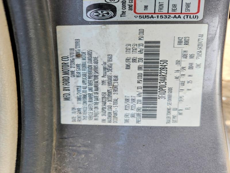 2010 Ford Fusion მანქანა იყიდება აუქციონზე, vin: 3FADP0L34AR228450, აუქციონის ნომერი: 46586356