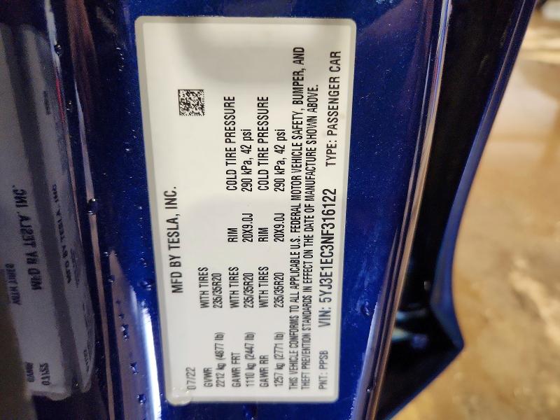 Продажа на аукционе авто 2022 Tesla Model 3, vin: 5YJ3E1EC3NF316122, номер лота: 78736425
