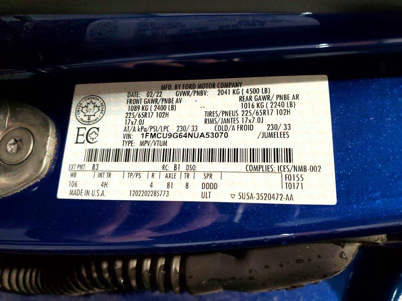 79833655 :رقم المزاد ، 1FMCU9G64NUA53070 vin ، 2022 Ford Escape مزاد بيع