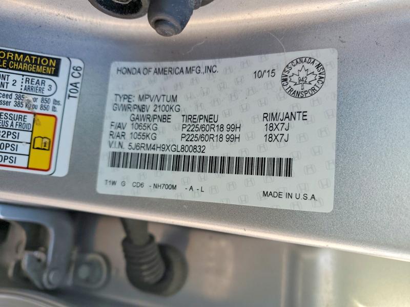 Продажа на аукционе авто 2016 Honda Cr-v, vin: 5J6RM4H9XGL800832, номер лота: 45730156