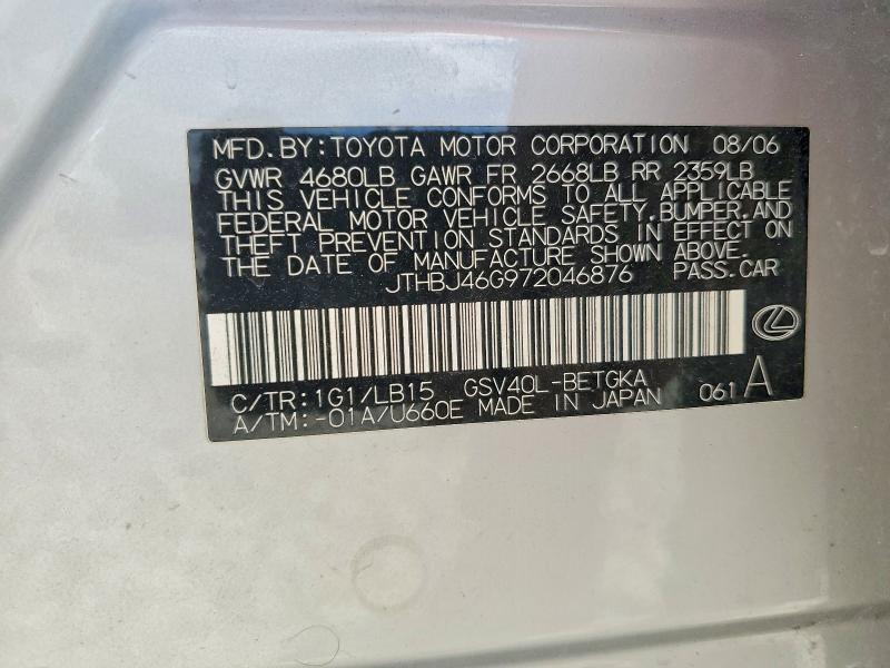 Aukcja sprzedaży 2007 Lexus Es 350, vin: JTHBJ46G972046876, numer aukcji: 79693645