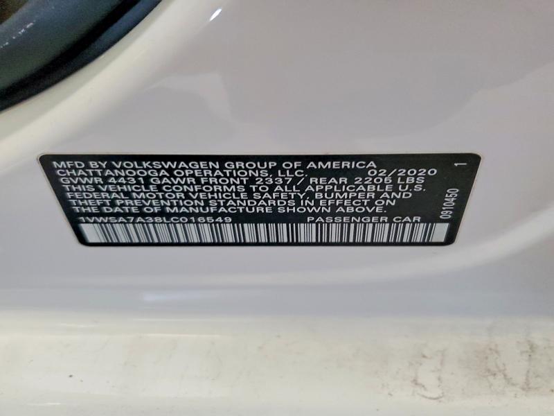 46006366 :رقم المزاد ، 1VWSA7A38LC016549 vin ، 2020 Volkswagen Passat مزاد بيع