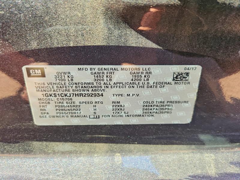 48068896 :رقم المزاد ، 1GKS1CKJ7HR292934 vin ، 2017 Gmc Yukon مزاد بيع