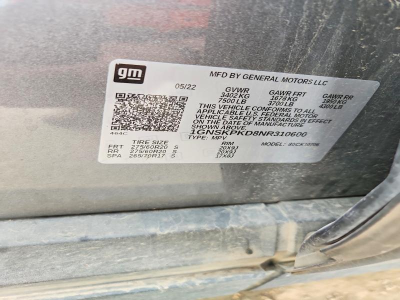 Aukcja sprzedaży 2022 Chevrolet Tahoe, vin: 1GNSKPKD8NR310600, numer aukcji: 41899776