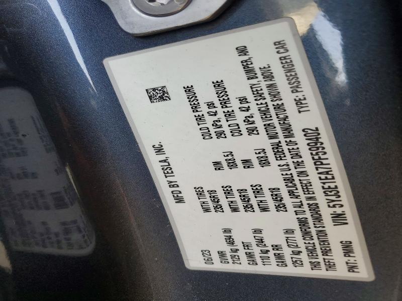 2023 Tesla Model 3 მანქანა იყიდება აუქციონზე, vin: 5YJ3E1EA7PF599402, აუქციონის ნომერი: 47995756