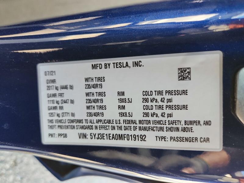 Продаж на аукціоні авто 2021 Tesla Model 3, vin: 5YJ3E1EA0MF019192, номер лоту: 46691006