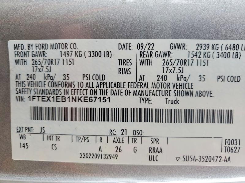 Продажа на аукционе авто 2022 Ford F150, vin: 1FTEX1EB1NKE67151, номер лота: 46489686
