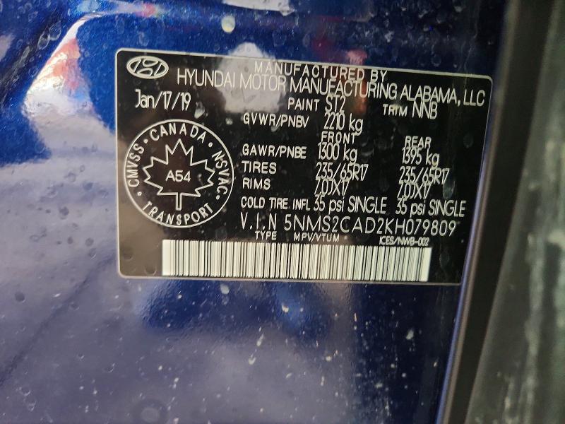 47450096 :رقم المزاد ، 5NMS2CAD2KH079809 vin ، 2019 Hyundai Santa Fe مزاد بيع