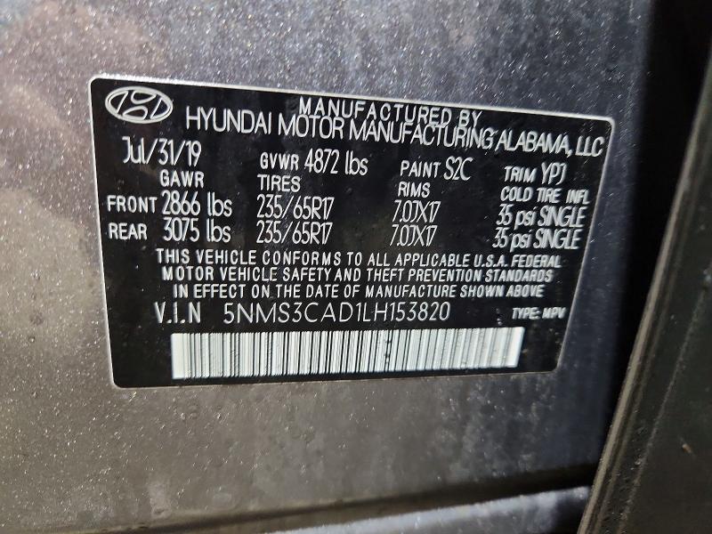 Aukcja sprzedaży 2020 Hyundai Santa Fe, vin: 5NMS3CAD1LH153820, numer aukcji: 45581016