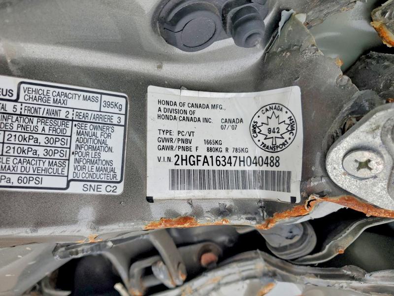 2007 Honda Civic მანქანა იყიდება აუქციონზე, vin: 2HGFA16347H040488, აუქციონის ნომერი: 75924465
