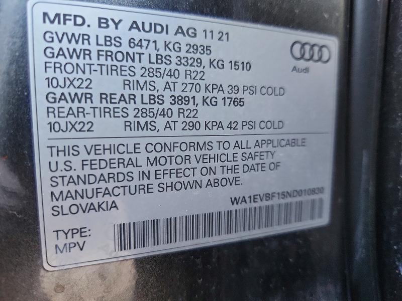 Продажа на аукционе авто 2022 Audi Q8, vin: WA1EVBF15ND010830, номер лота: 46122116