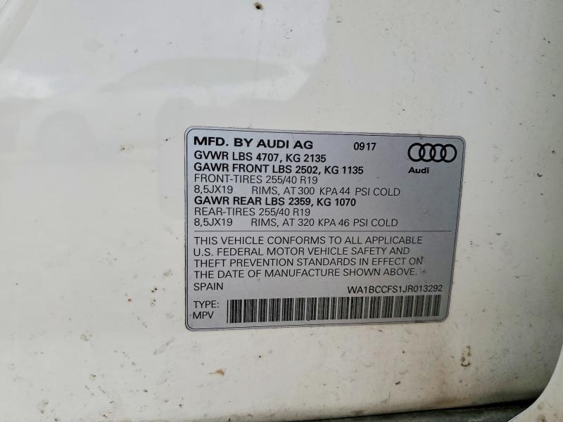 79771135 :رقم المزاد ، WA1BCCFS1JR013292 vin ، 2018 Audi Q3 مزاد بيع