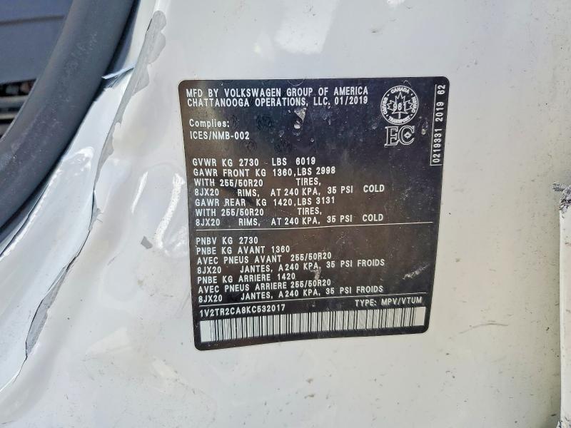 46582476 :رقم المزاد ، 1V2TR2CA8KC532017 vin ، 2019 Volkswagen Atlas مزاد بيع