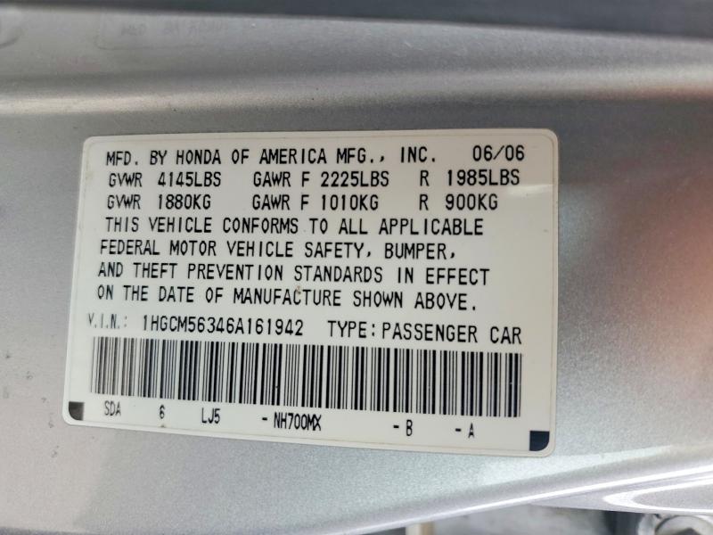 2006 Honda Accord მანქანა იყიდება აუქციონზე, vin: 1HGCM56346A161942, აუქციონის ნომერი: 48134496