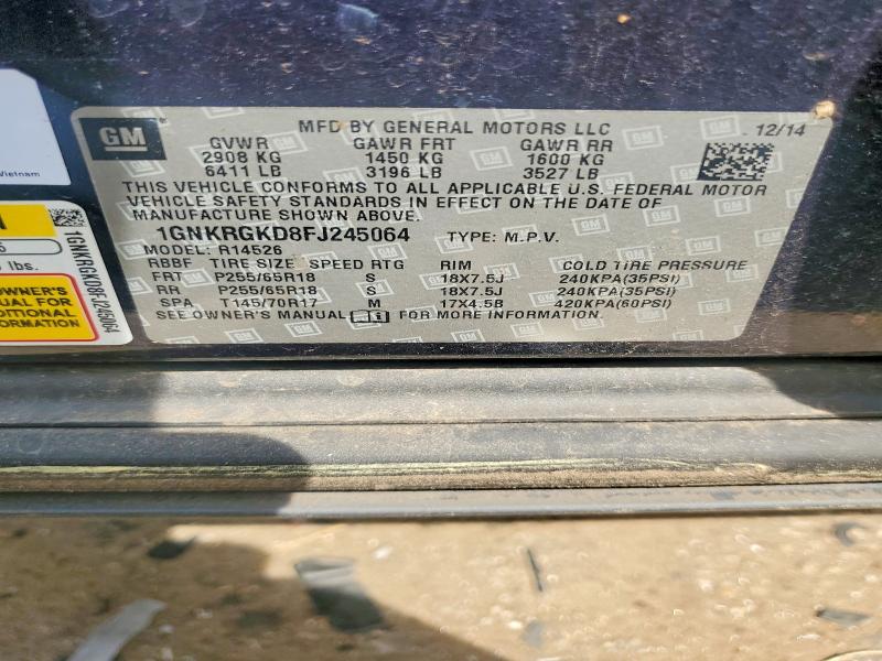 46178156 :رقم المزاد ، 1GNKRGKD8FJ245064 vin ، 2015 Chevrolet Traverse مزاد بيع