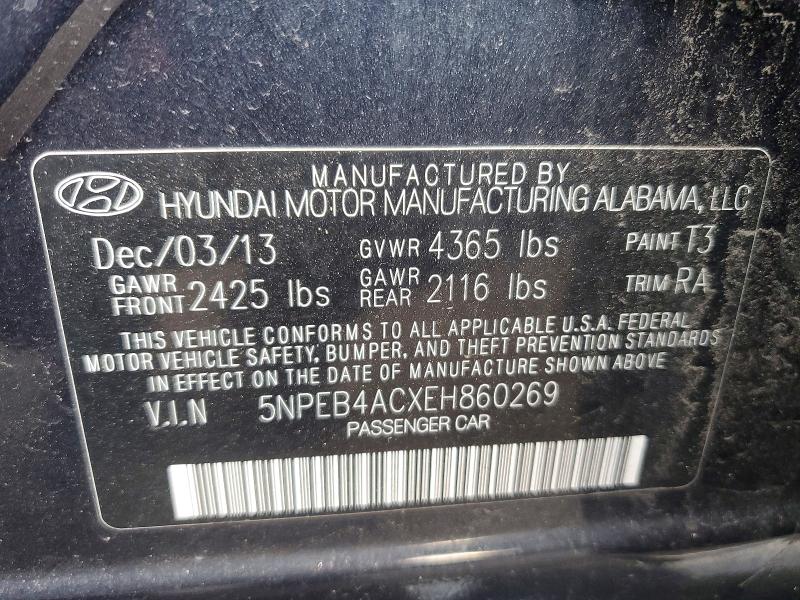 Auction sale of the 2014 Hyundai Sonata, vin: 5NPEB4ACXEH860269, lot number: 41990286
