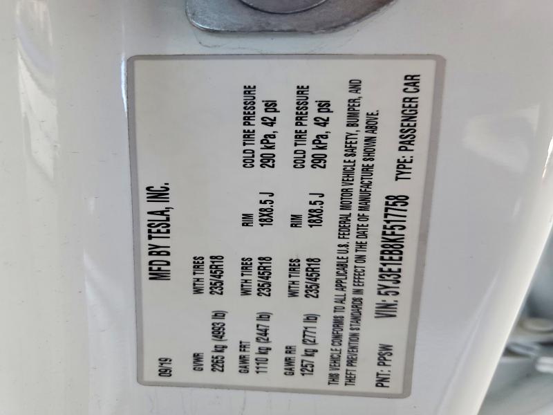 47065216 :رقم المزاد ، 5YJ3E1EB8KF517758 vin ، 2019 Tesla Model 3 مزاد بيع