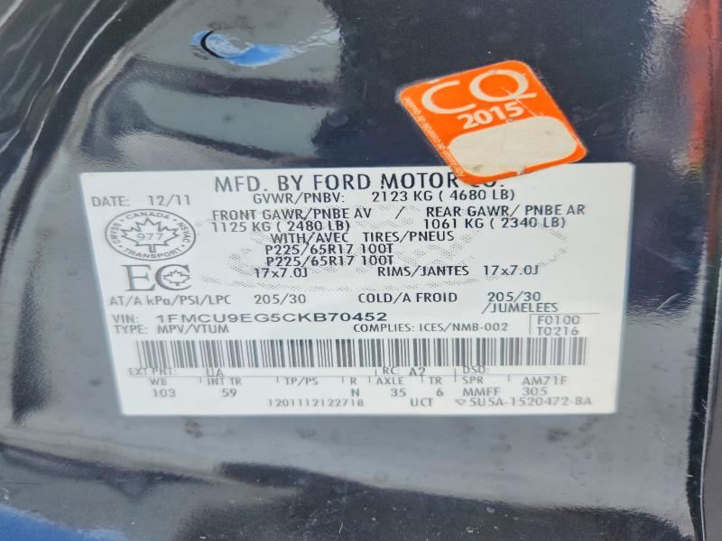 46306416 :رقم المزاد ، 1FMCU9EG5CKB70452 vin ، 2012 Ford Escape مزاد بيع