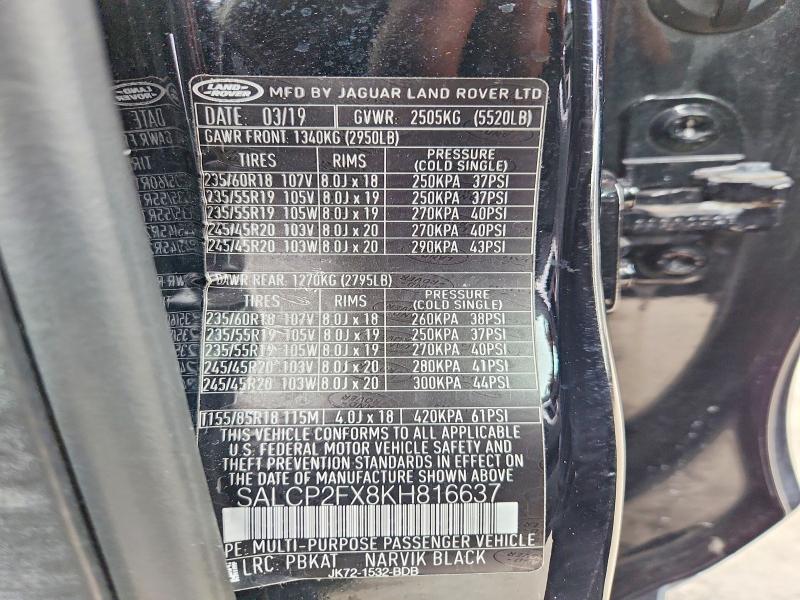 47430776 :رقم المزاد ، SALCP2FX8KH816637 vin ، 2019 Land Rover Discovery Sport مزاد بيع